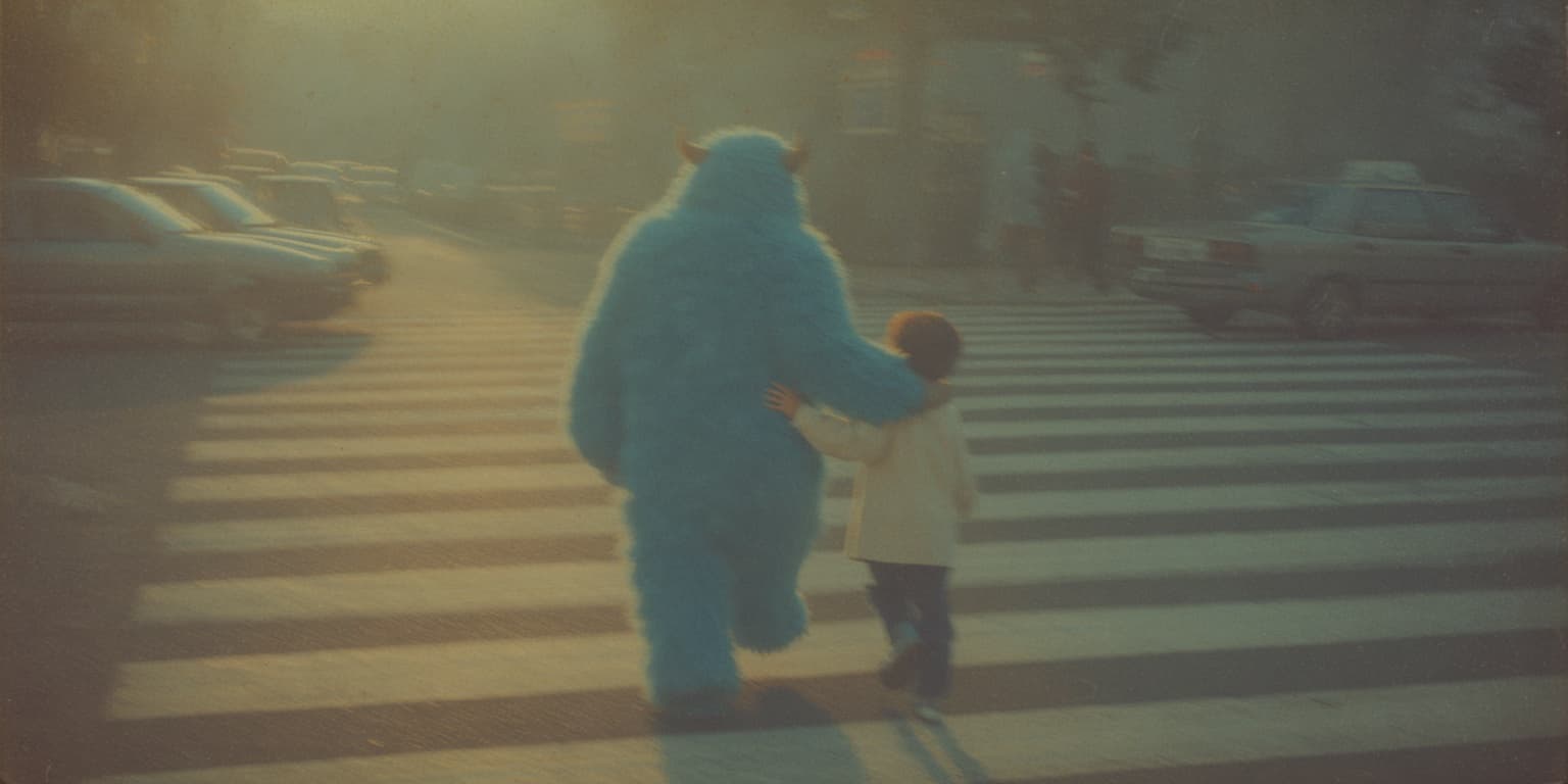 A furry blue creature walks a child over a crosswalk