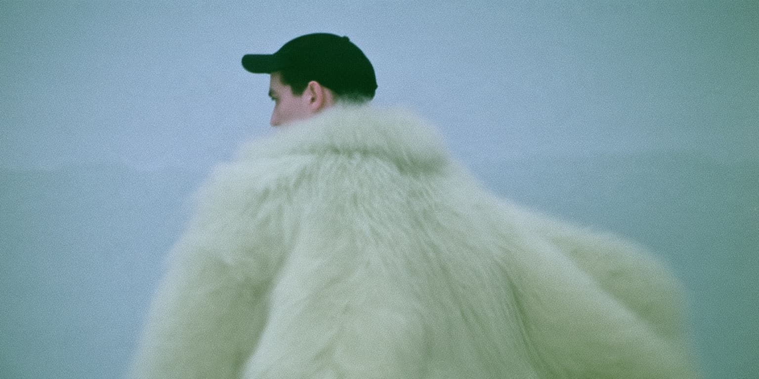 Man in a cap and white fur coat