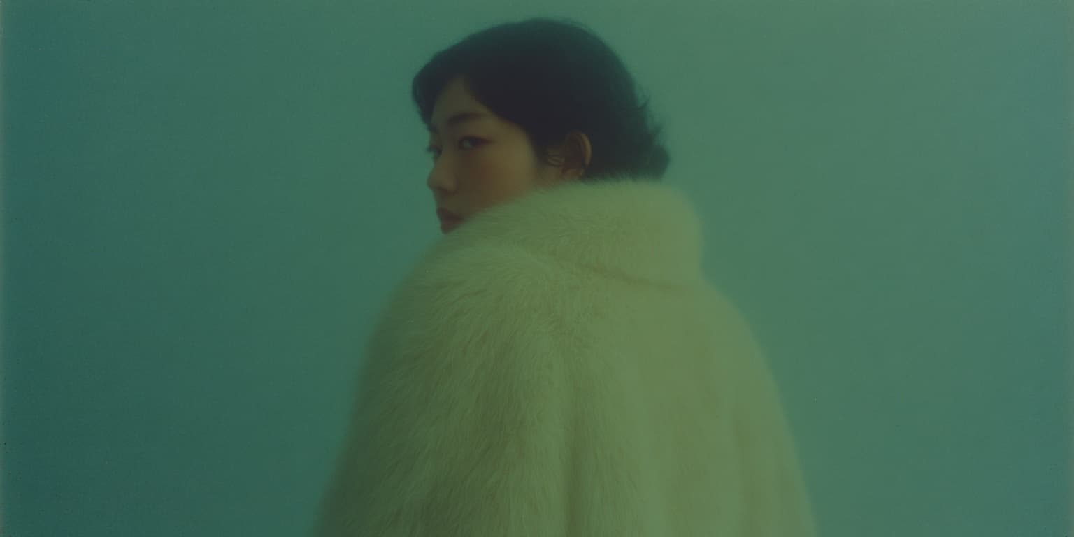 Woman in a white fur coat against teal
